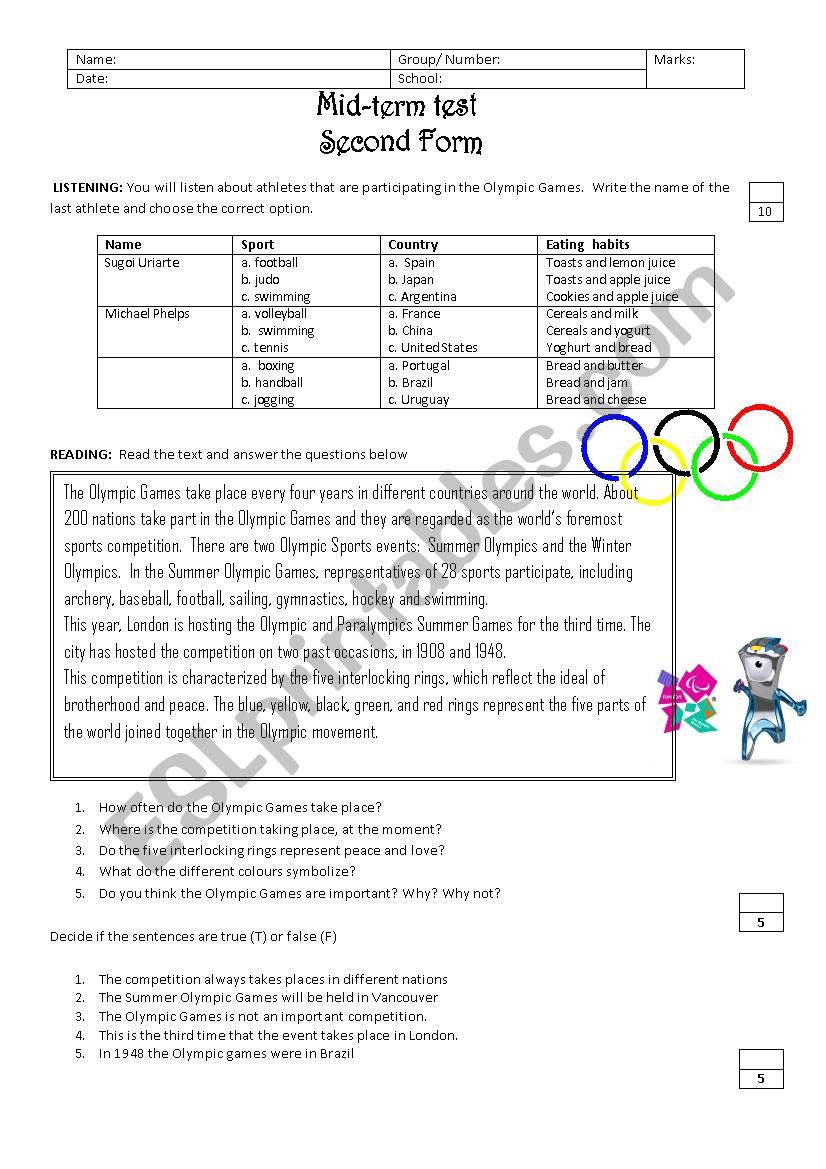 mid term test second form worksheet
