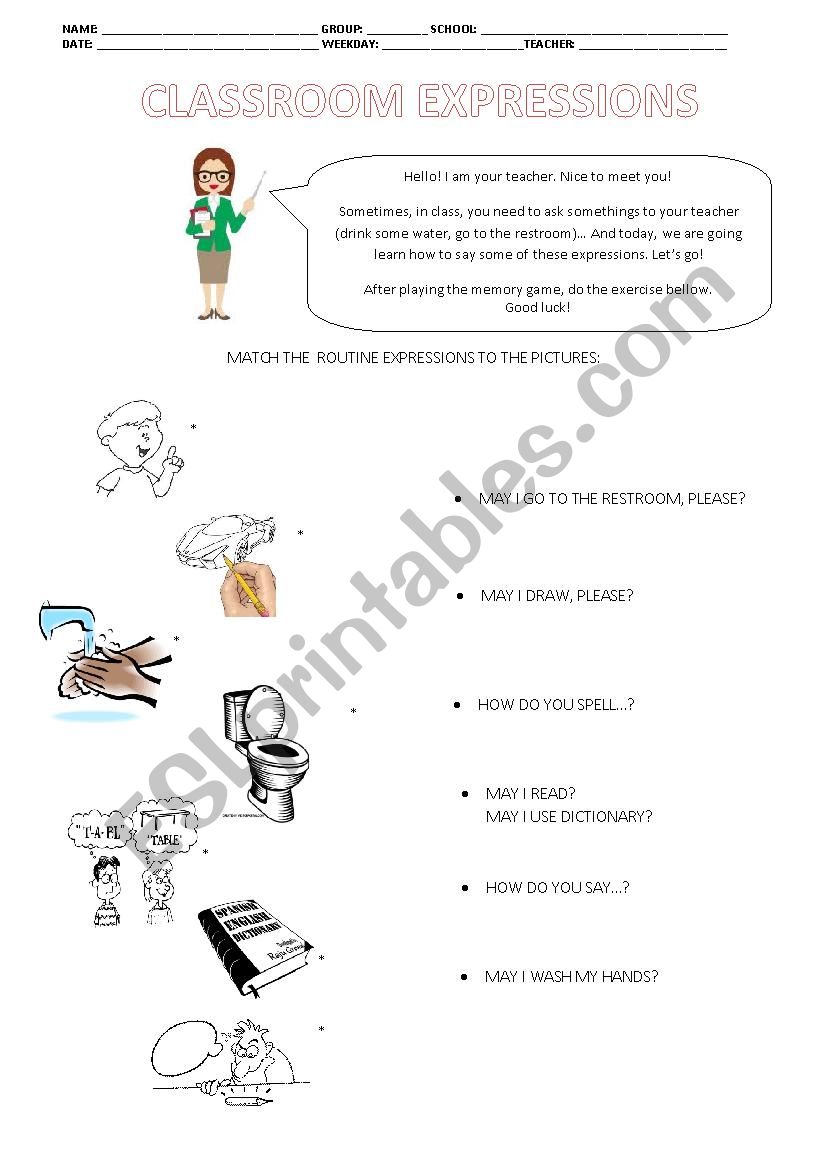 Basic Classroom Expressions worksheet