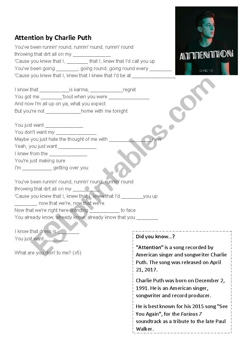 Attention by Charlie Puth worksheet
