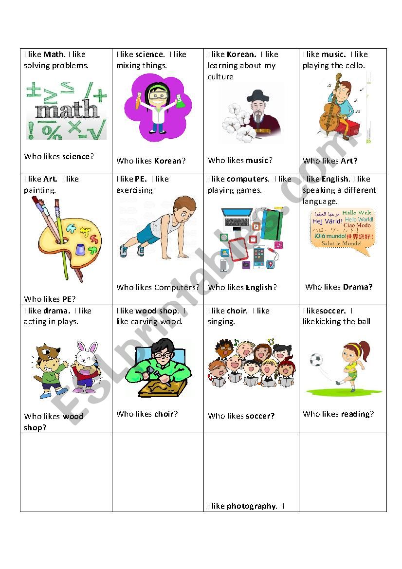 I like___, what do you like? worksheet