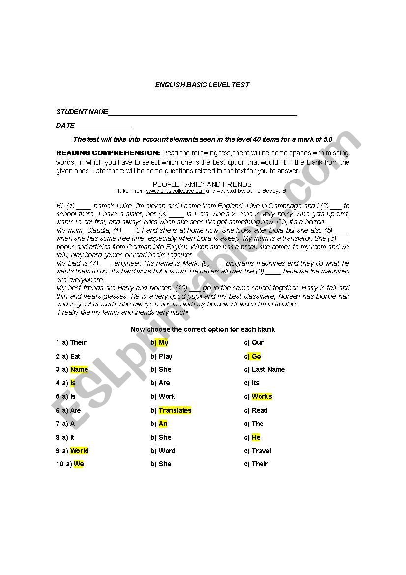 BASIC LEVEL TEST-WORKSHEET worksheet