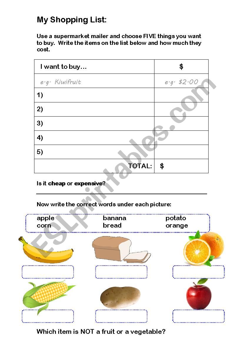 My Shopping List worksheet