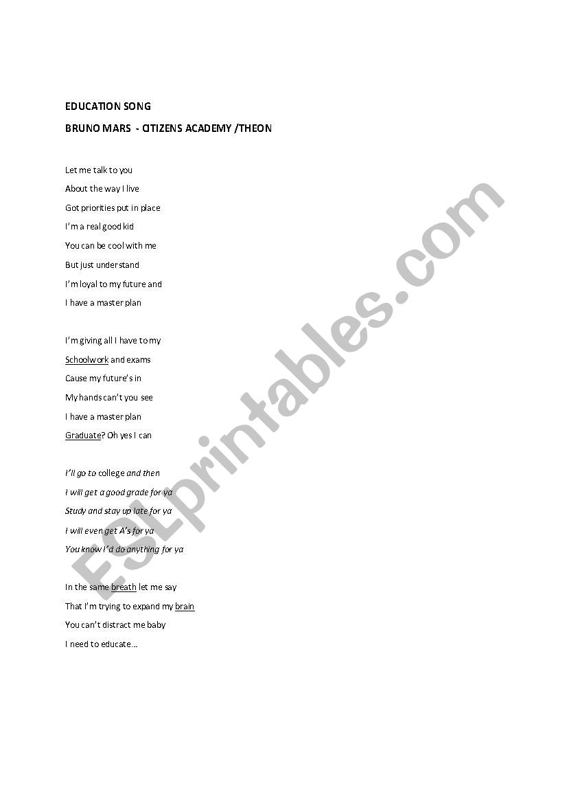 BRUNO MARS EDUCATION SONG worksheet