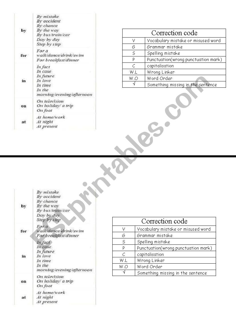 correction code worksheet