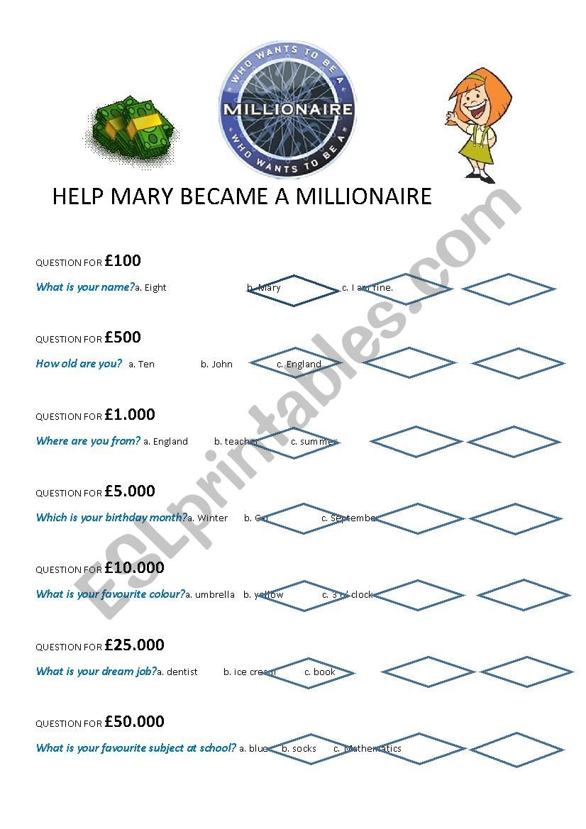 WHO WANTS TO BE A MILLIONAIRE worksheet