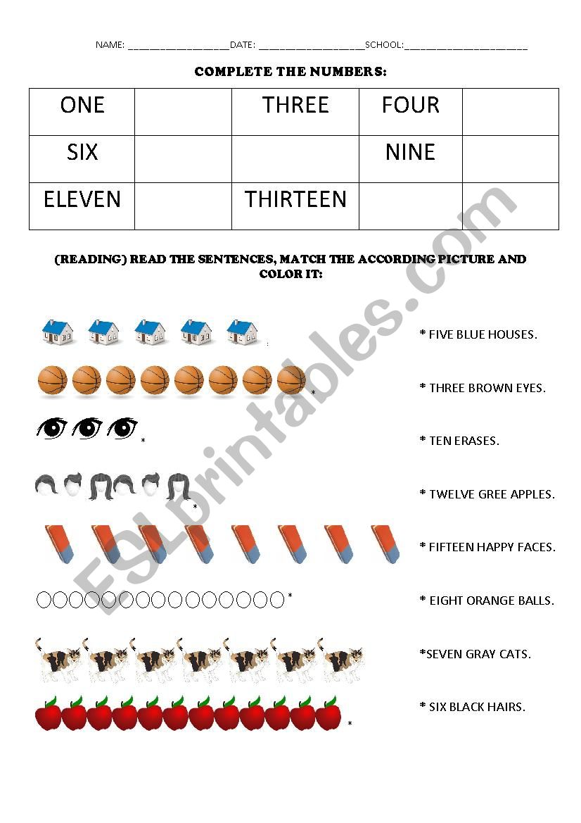 Numbers association worksheet