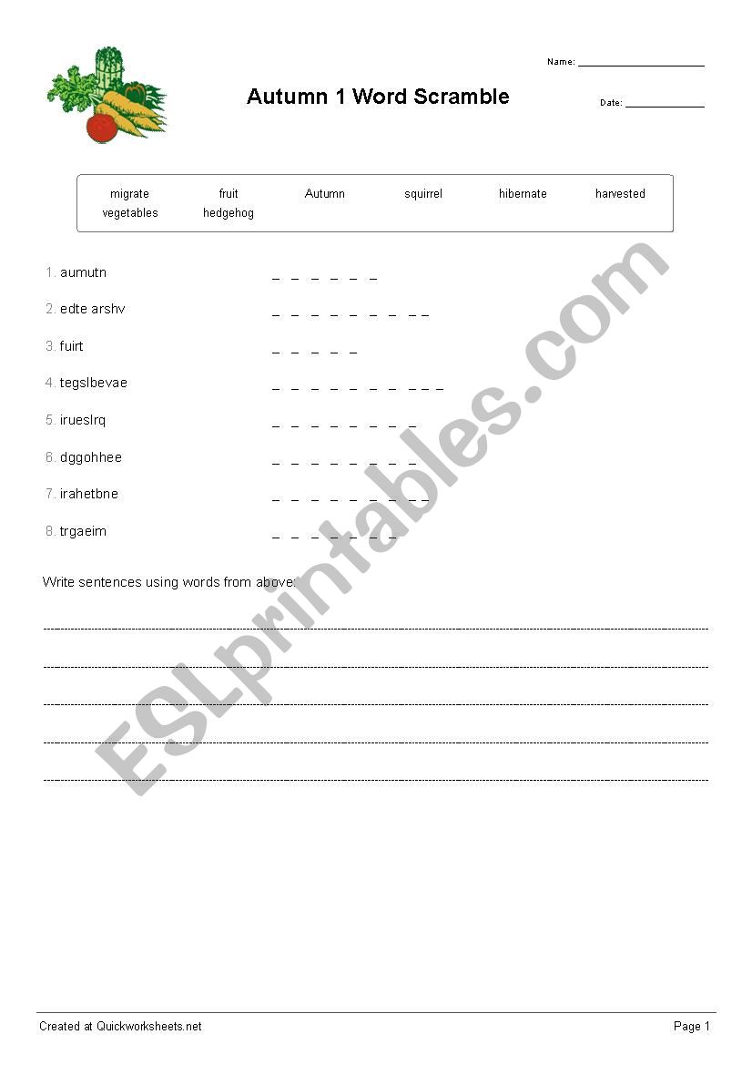 Autumn Words - word scramble worksheet