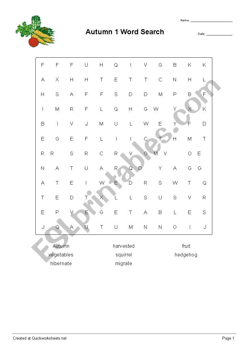 Autumn Words - word search worksheet