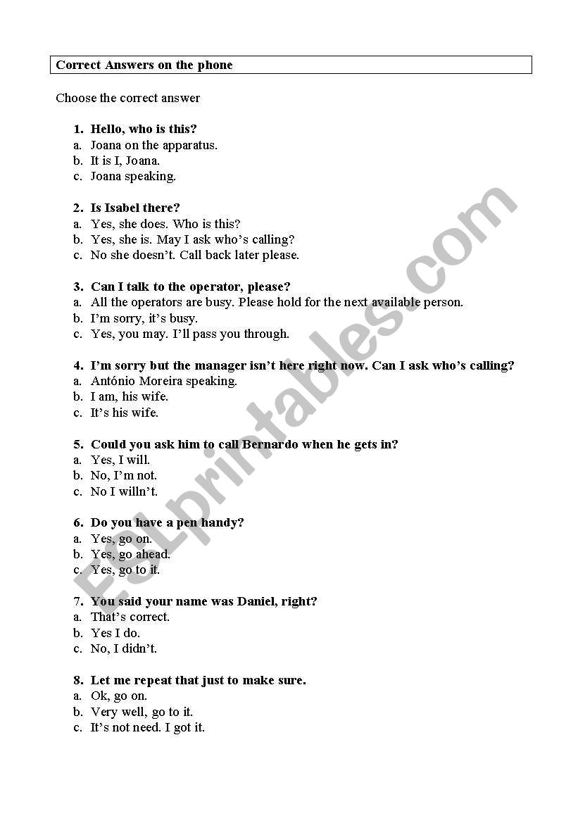 Correct answers on the phone worksheet