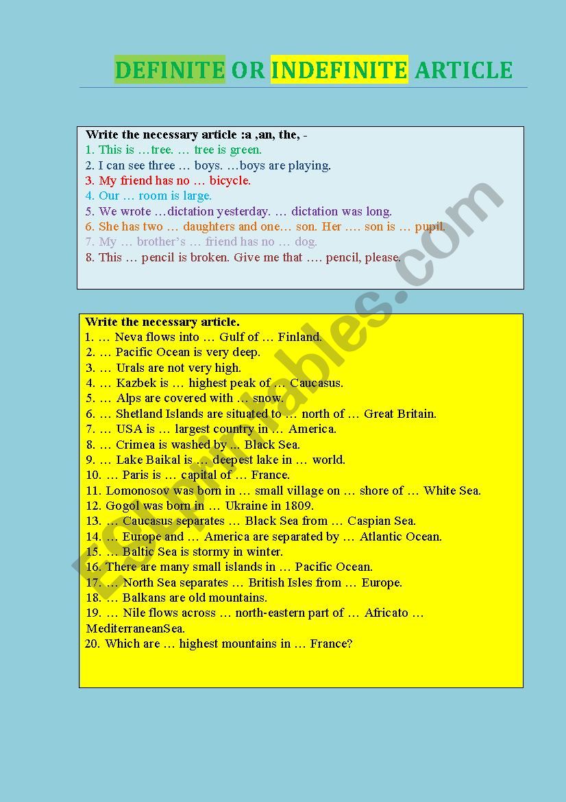 The articles worksheet