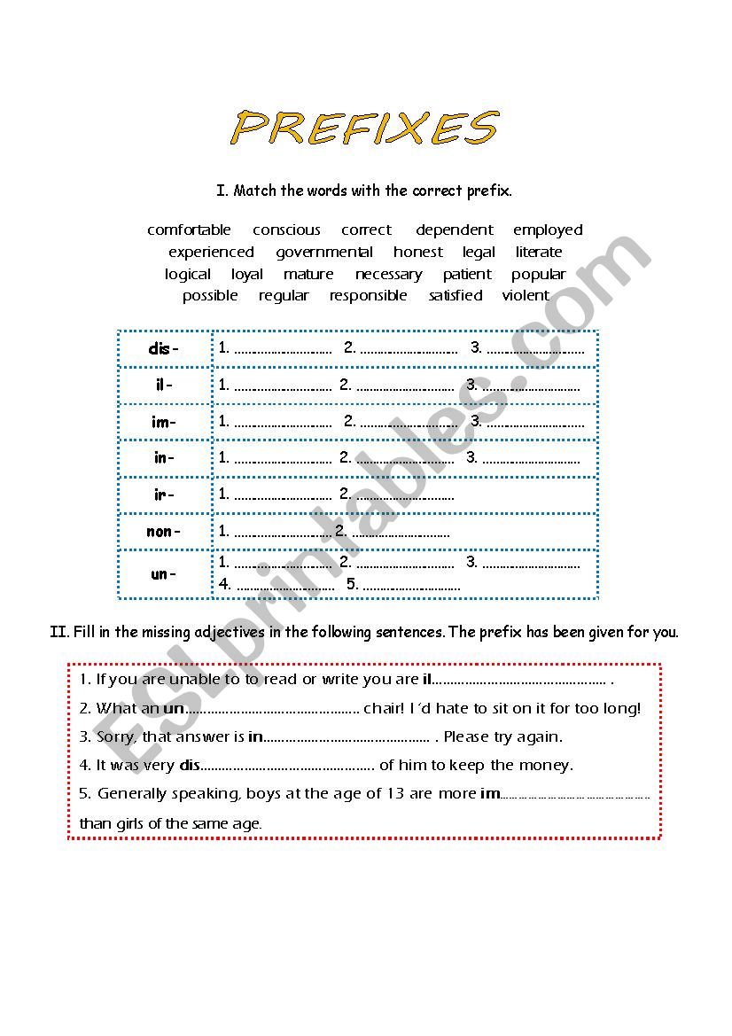 Prefixes worksheet