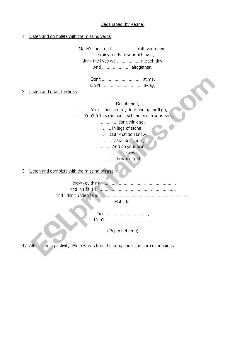 Bedshaped by Keane worksheet