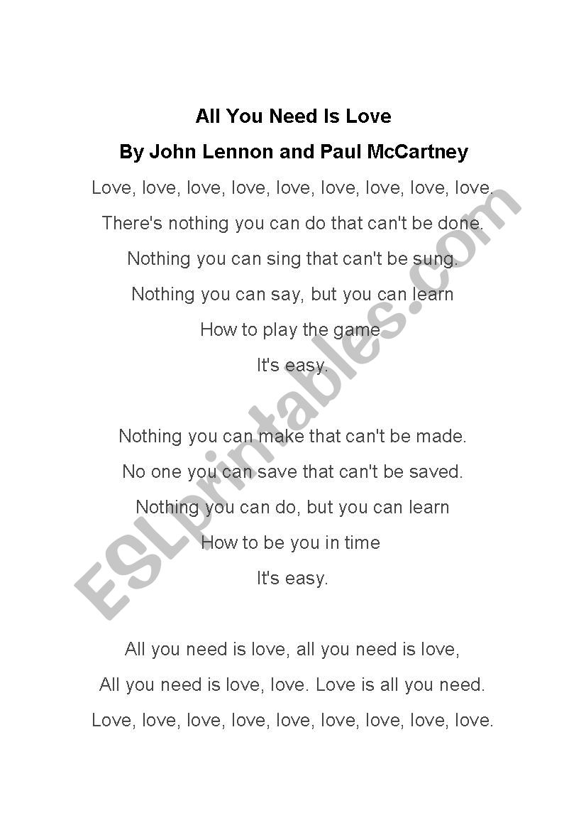 All You Need is Love Song Worksheet by The Beatles