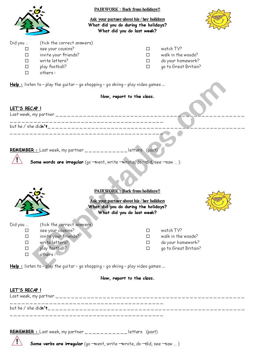 pairwork - back from holidays worksheet