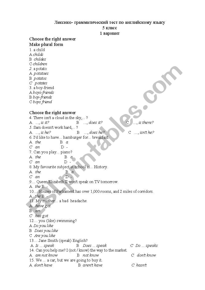 test for 5th grade worksheet