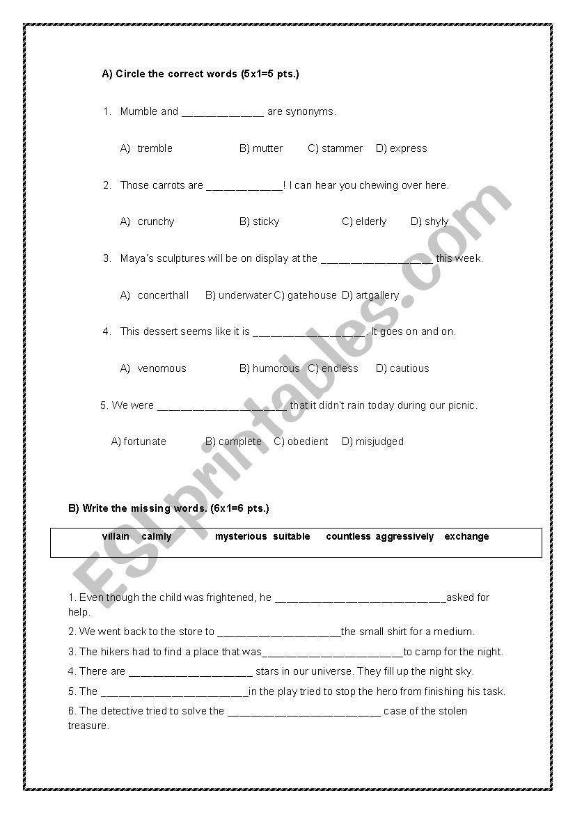 7th graders placement test worksheet