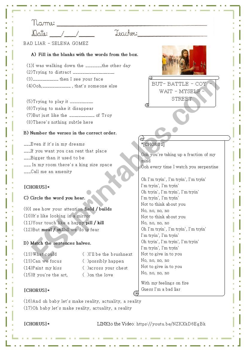 Bad Liar Selena Gomez worksheet