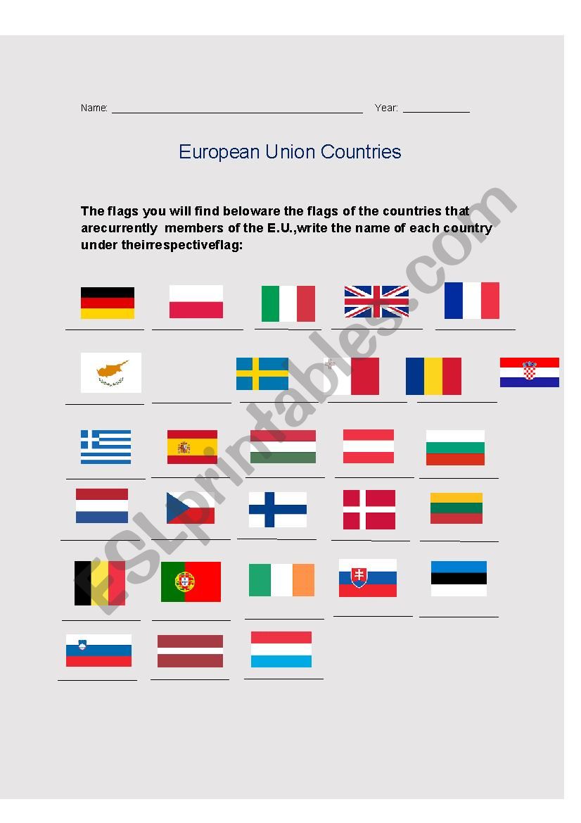 E.U. countries worksheet
