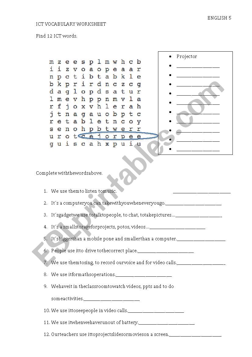 ICT vocabulary worksheet