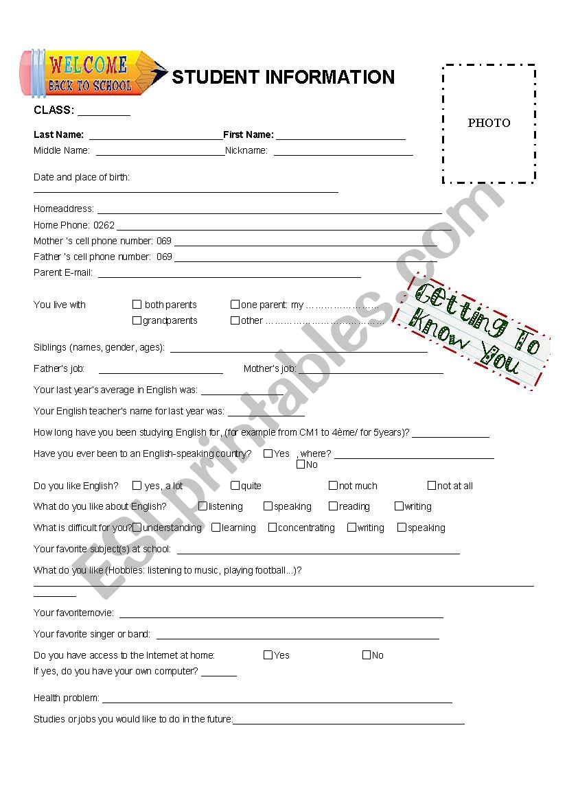 Student information sheet worksheet