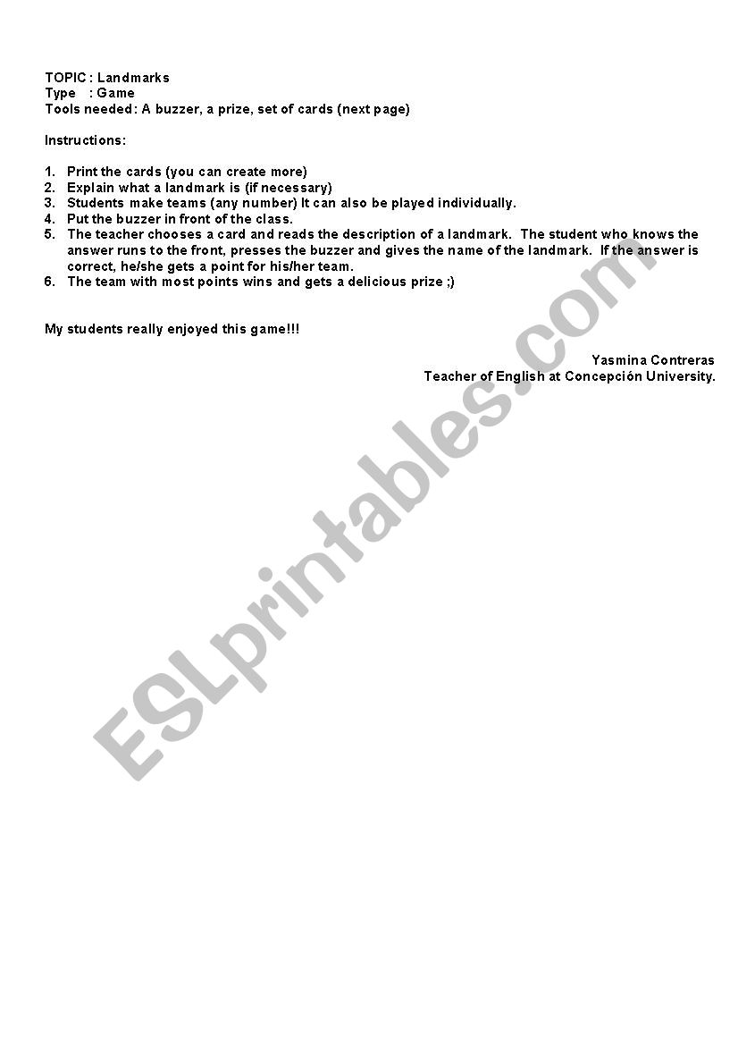 Landmarks Competition worksheet