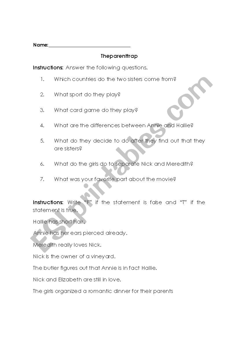 The parent trap worksheet worksheet