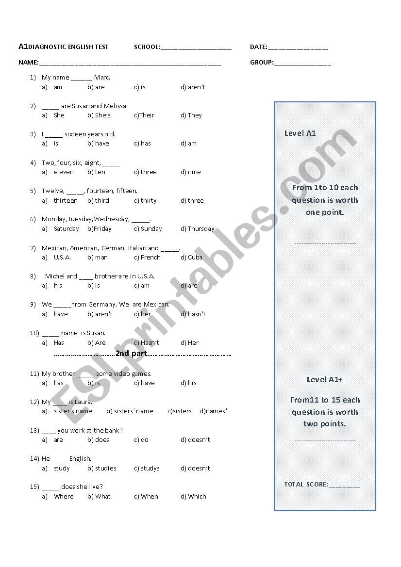 A1 DIAGNOSTIC ENGLISH TEST worksheet