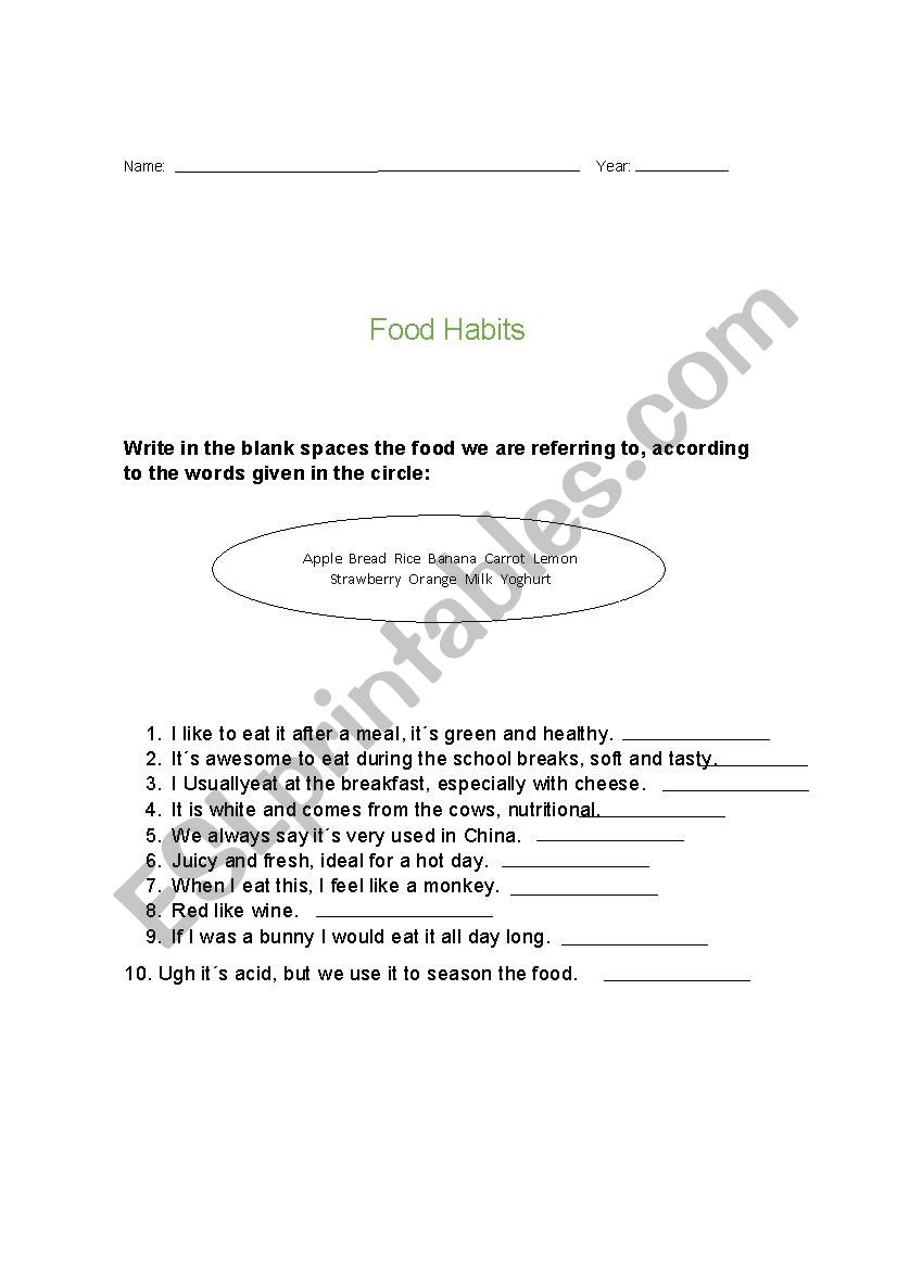 Food Habits worksheet