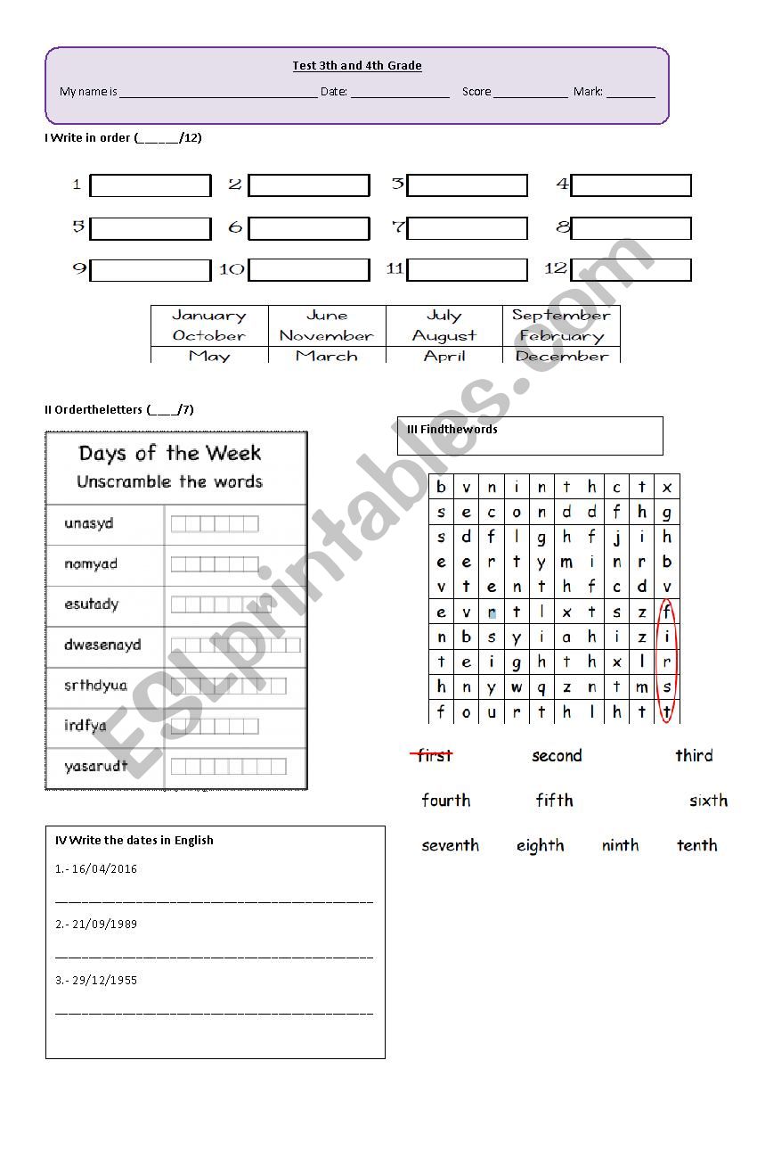 Dates test worksheet