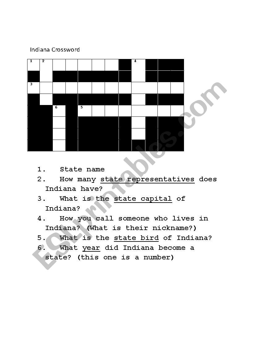 Indiana Crossword worksheet