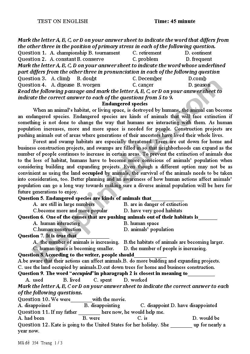 test on Englis worksheet