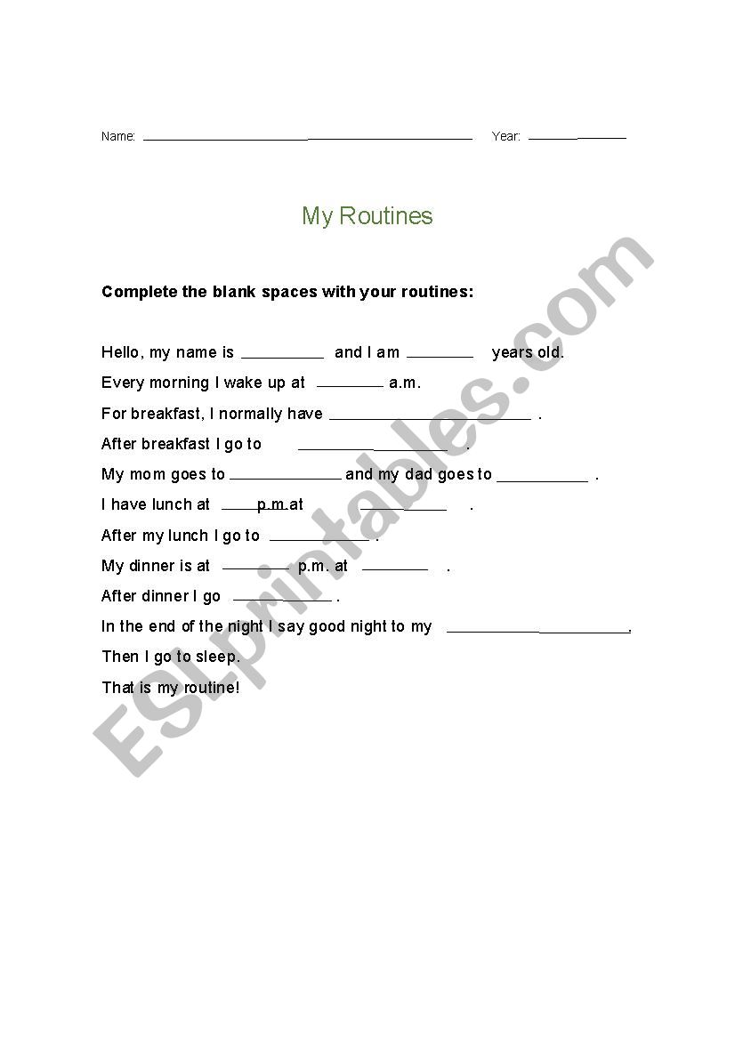 Routines worksheet