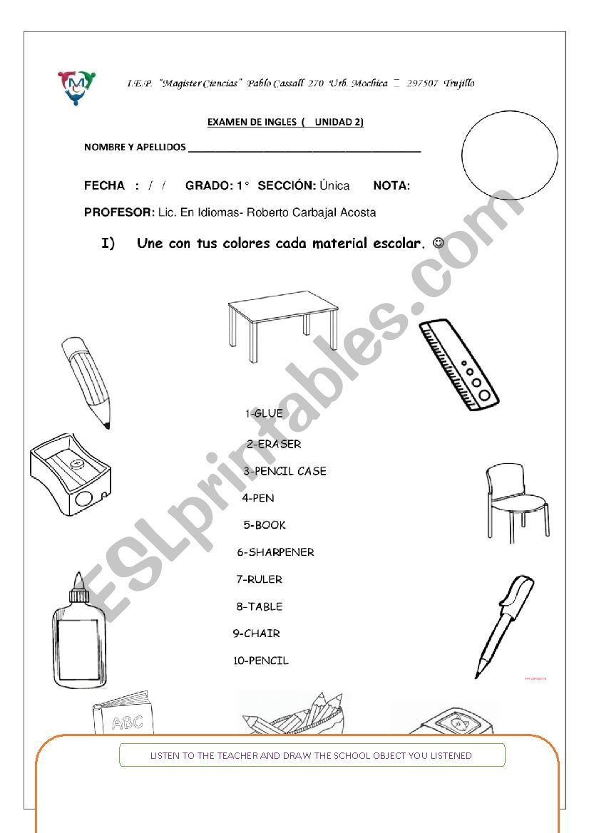 school objects worksheet