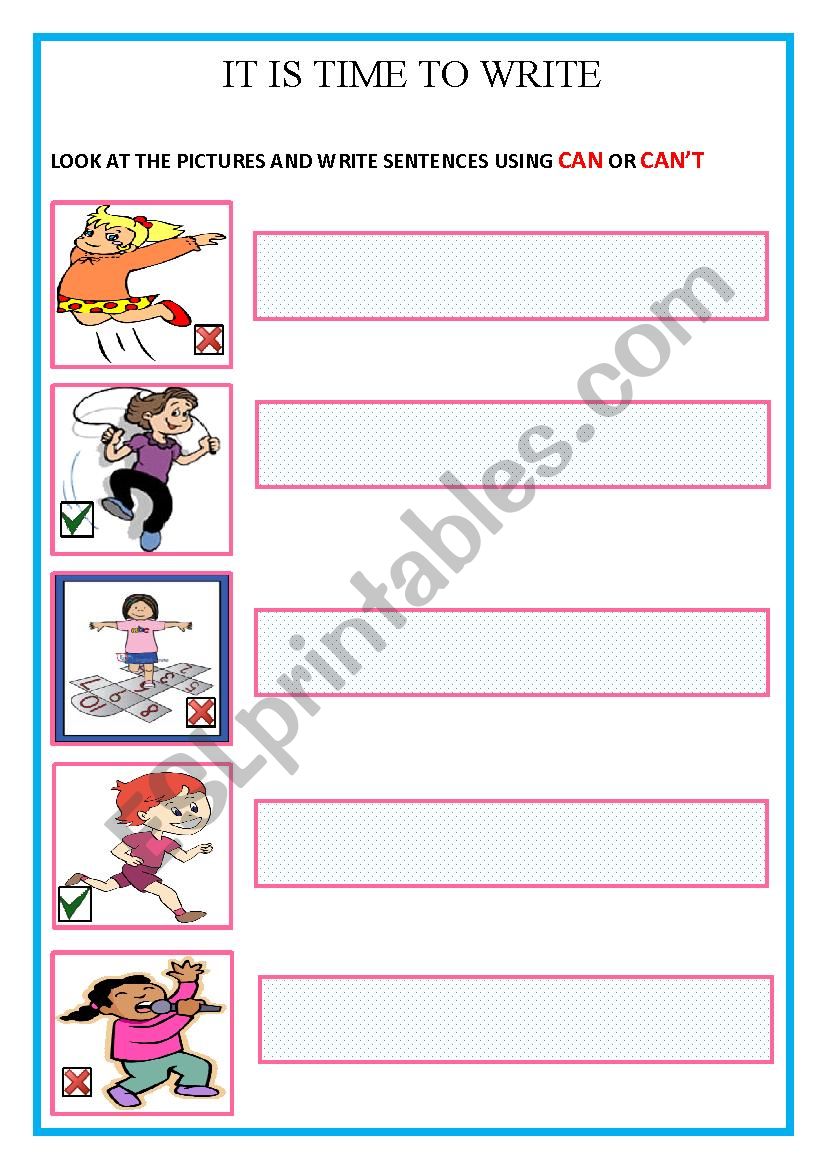 Look at the pictures and write sentences usin can or cant