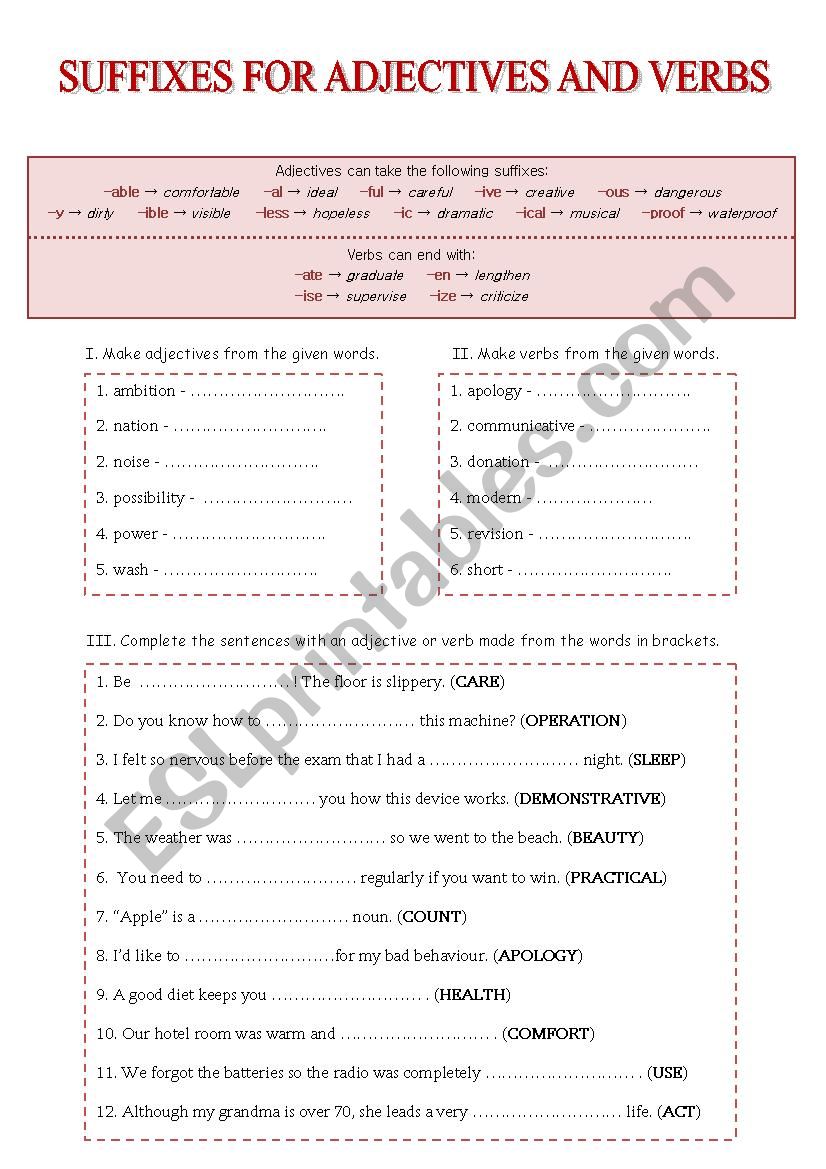 Suffixes for adjectives and verbs