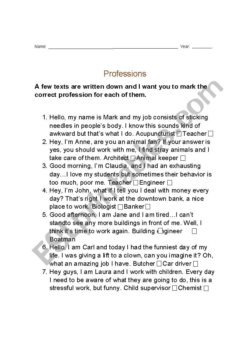 Professions worksheet