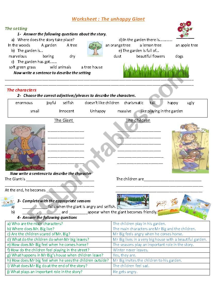 The unhappy Giant activities worksheet
