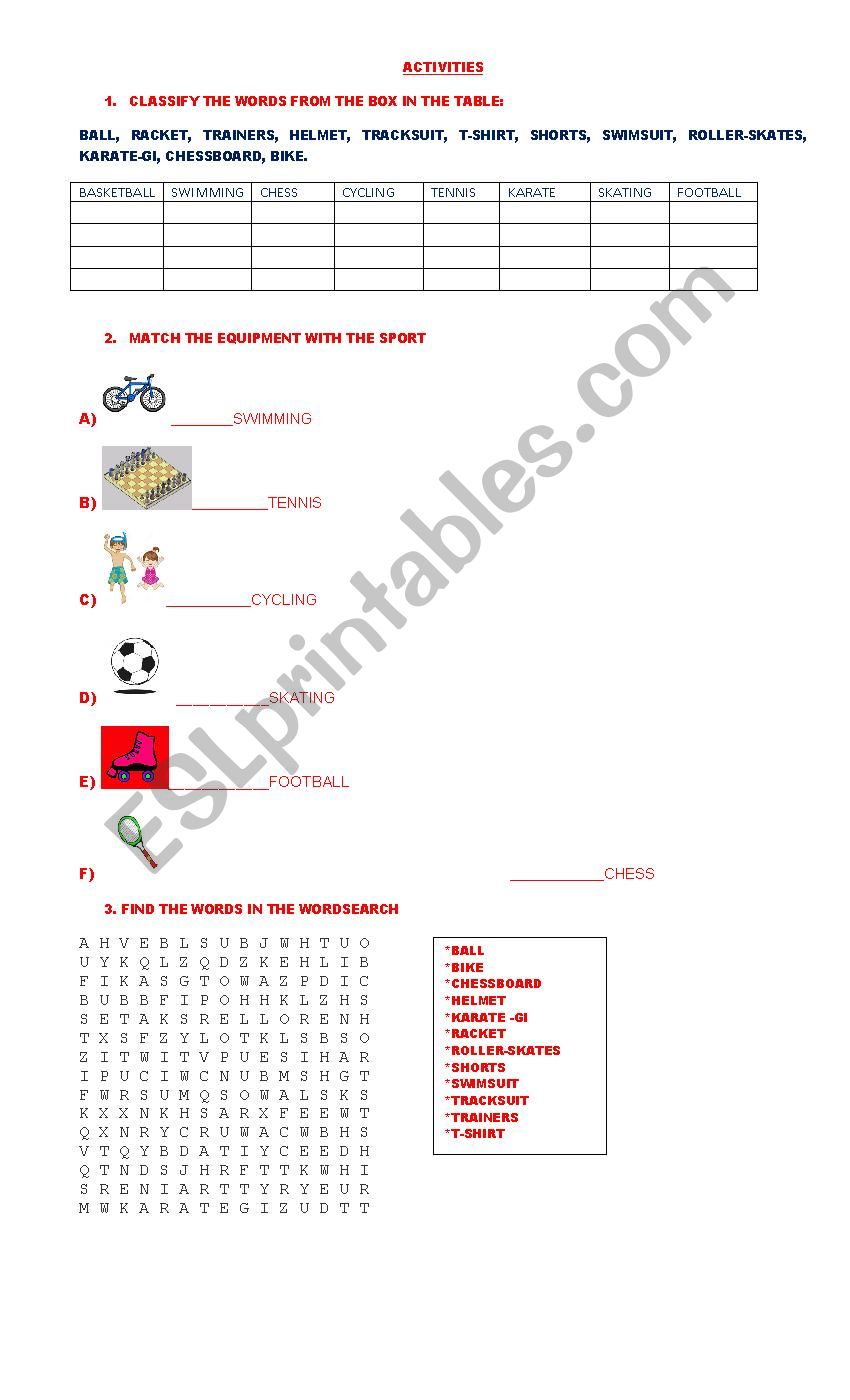 sports equipment worksheet