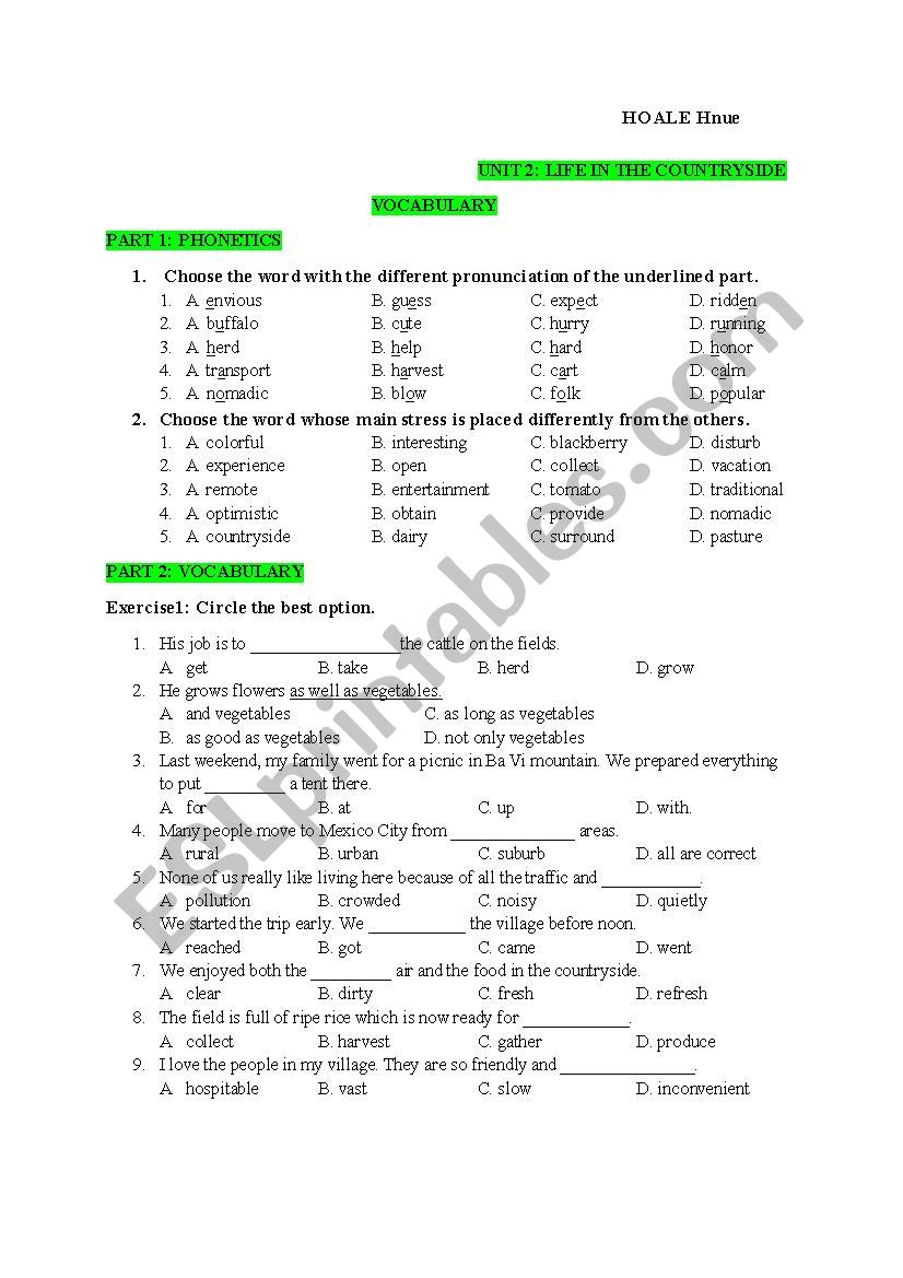 Life in the countryside worksheet