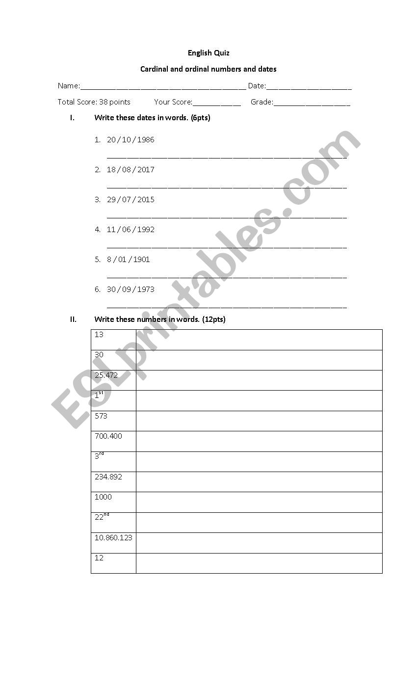 Numbers and Date Quiz worksheet