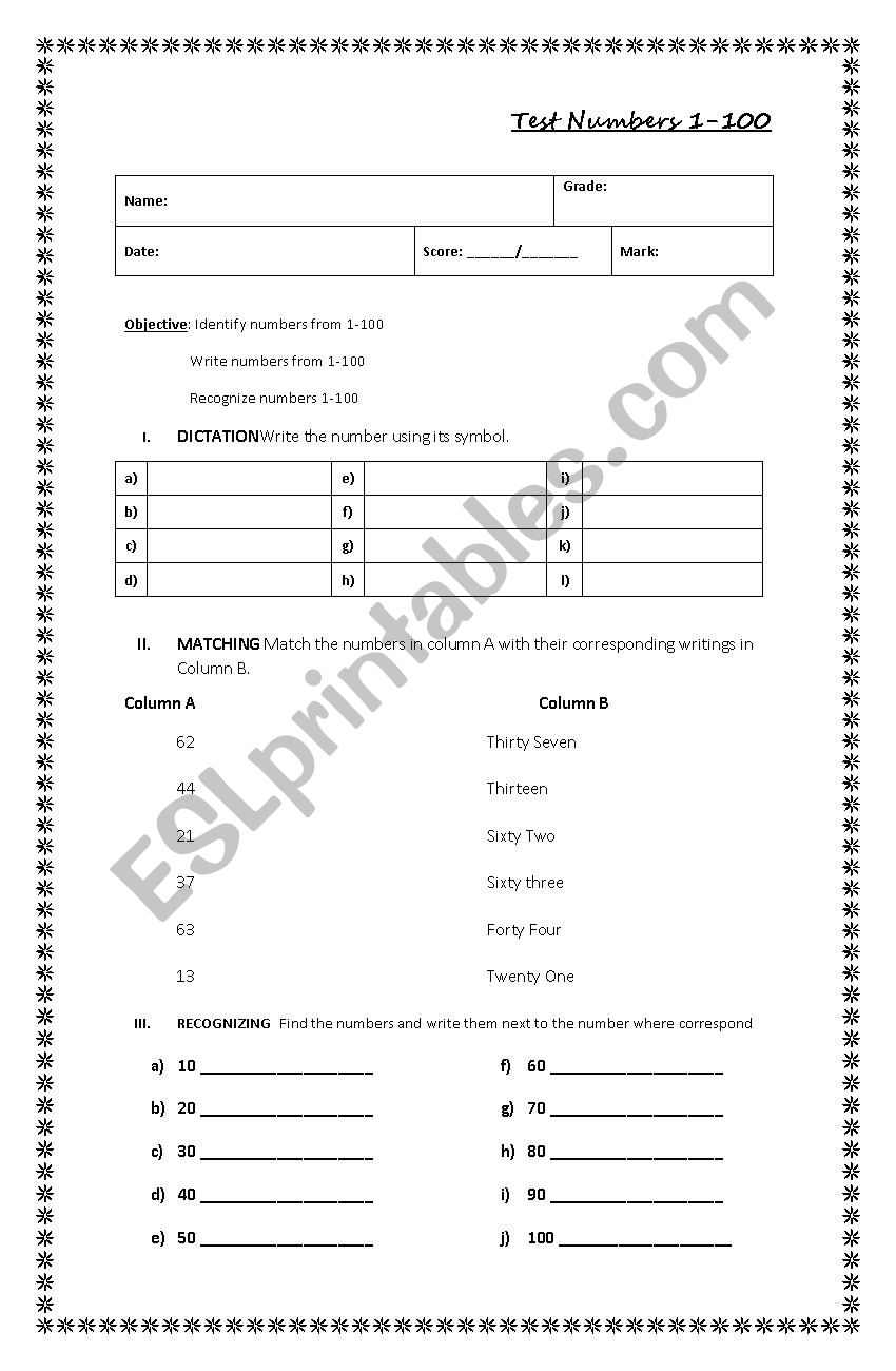 Test Numbers 1-100 worksheet