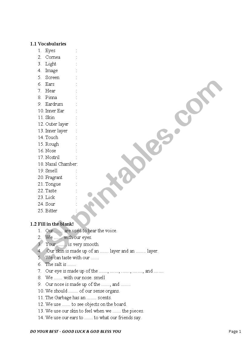 Science SENSE ORGAN worksheet