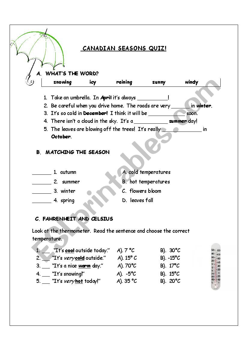 Seasons & Weather Quiz worksheet