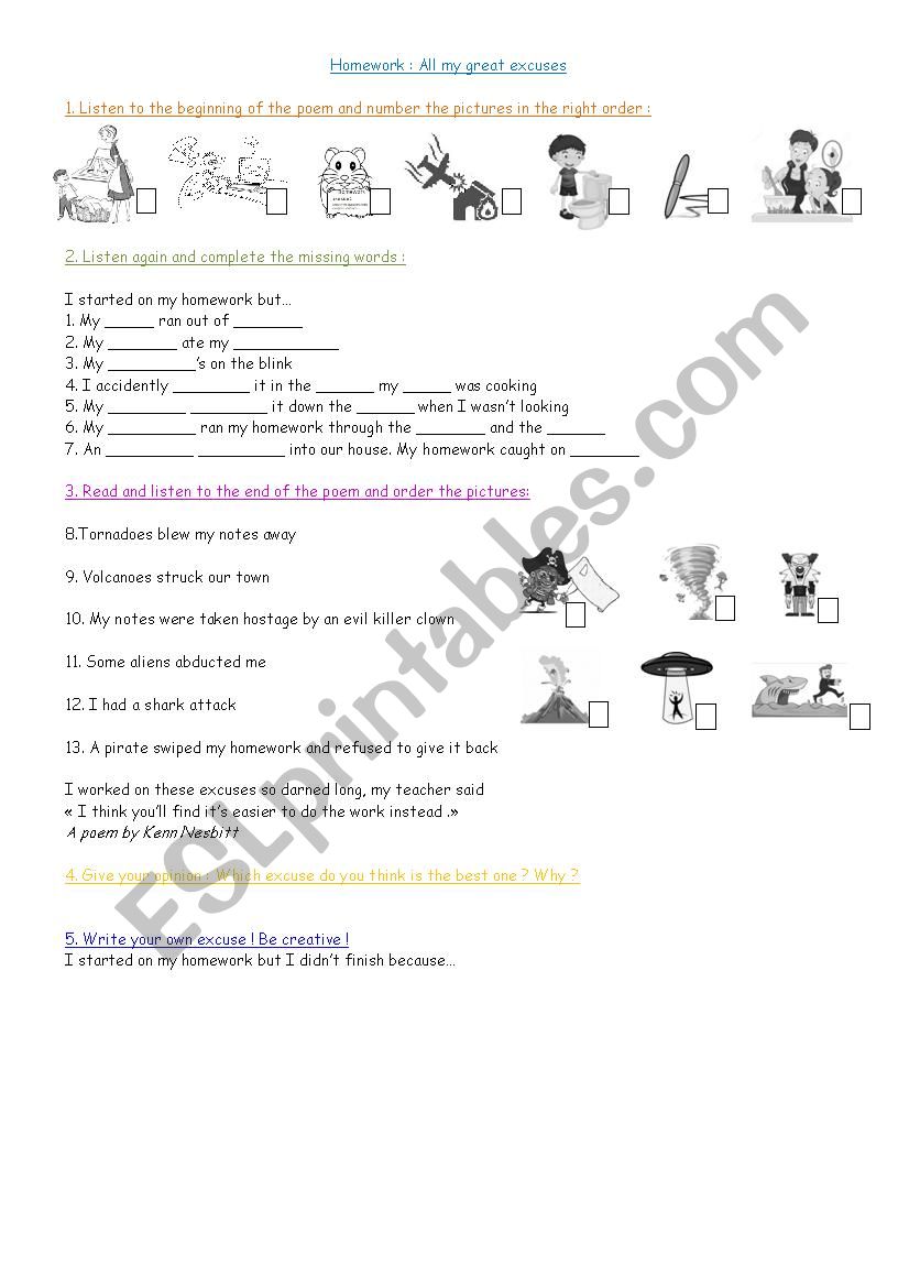 Listening and reading homework excuses poem