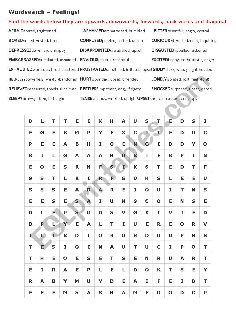 FEELINGS - WORDSEARCH with explanations