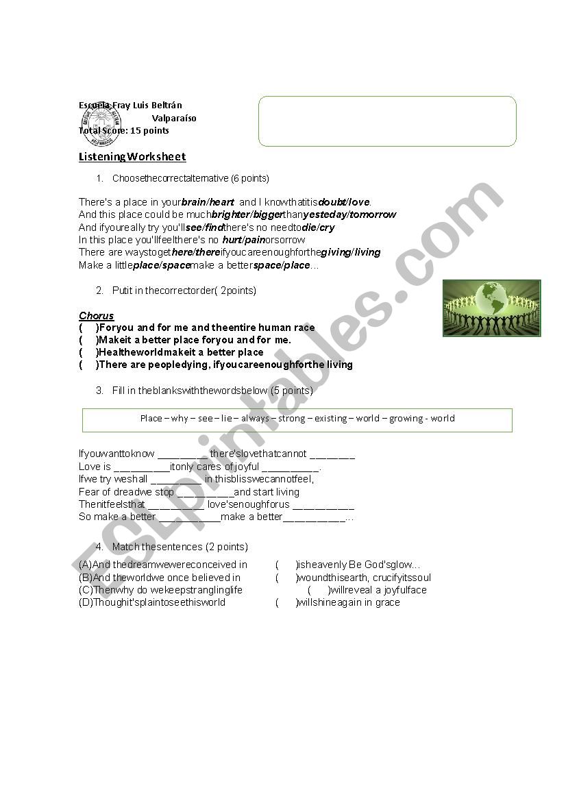 Heal the world worksheet