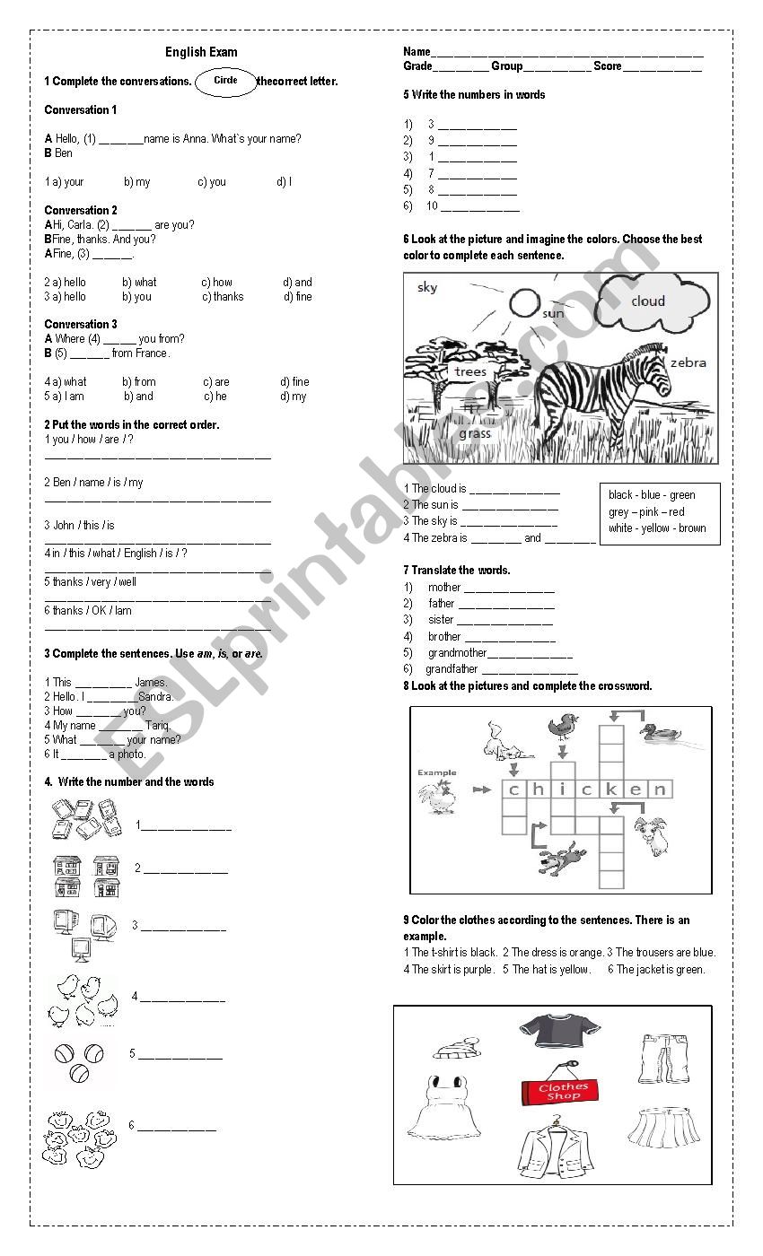 English Exam for beginners worksheet