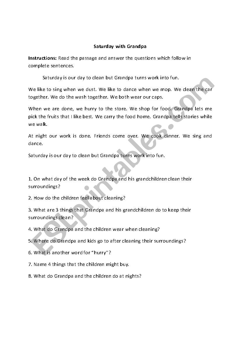 Passage about Grandpa with Question Set