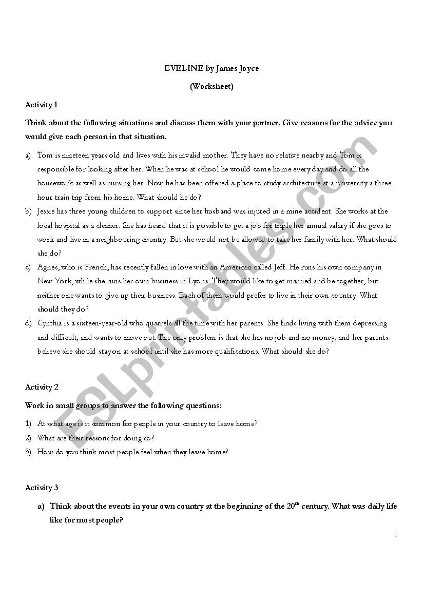 Evelyne short story activity sheet