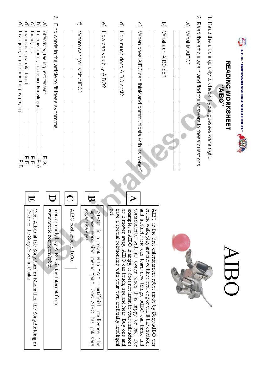 Cyber pet AIBO worksheet